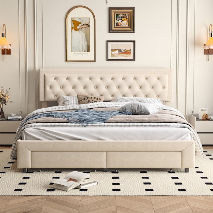 Lit coffre - BLANKETSWARM - 180x200 - Velours beige - 2 tiroirs - Style Scandinave moderne