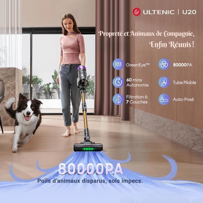 Aspirateur Balai sans Fil - ULTENIC - U20 - 80kPa - 60min Autonomie - Batterie Amovible- Tube Pliable- Technologie Greeneye