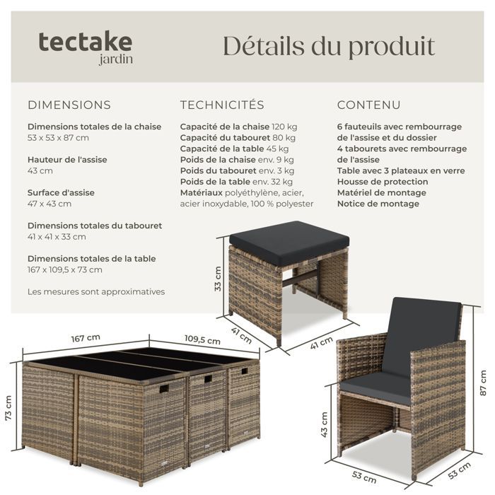 Conjunto de jardín - TECTAKE - Conjunto de salón de jardín MALAGA de 10 plazas con funda, apilable, fabricado en polietileno - Marrón natural