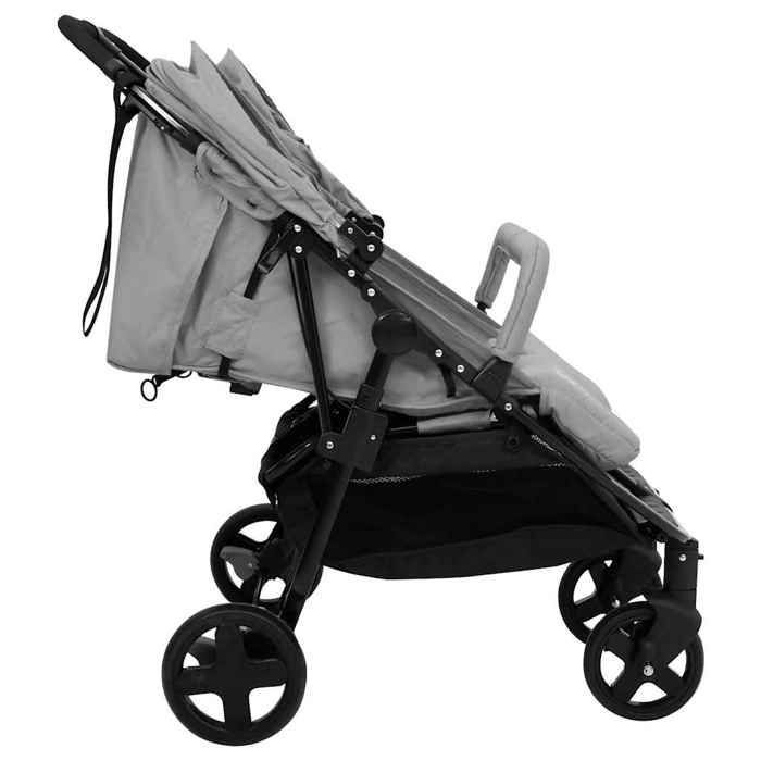 Double stroller - vidaXL - Light grey and black - Steel - 5-point harness - Foldable