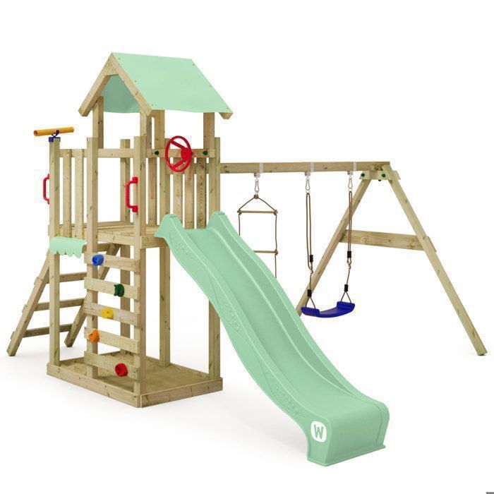 Tour de jeux bois WICKEY MultiFlyer Light avec balançoire, échelle corde et toboggan 220 cm vert pastel – 10 ans de garantie*