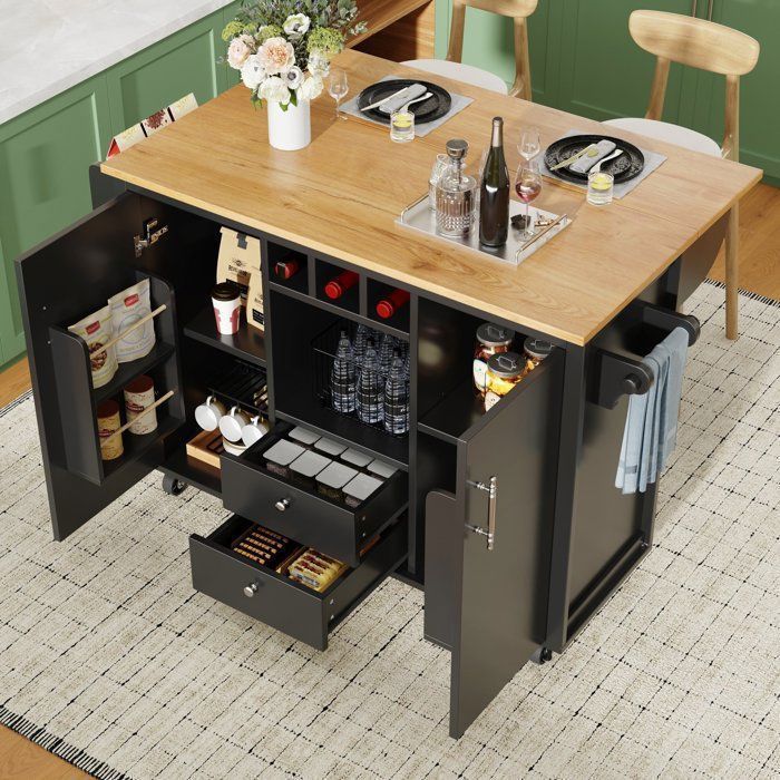 Isla de cocina con tablero abatible, 120 x 45 (73) x 92 cm, carrito de cocina con botellero, 2 cajones, 2 puertas - Negro