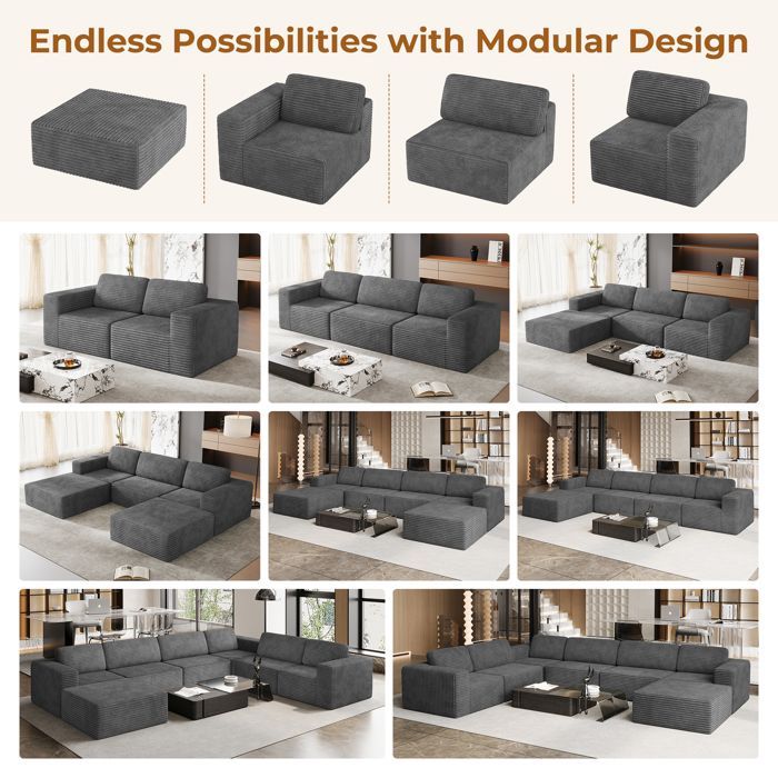 Canapé 2 places modulable en Velours Côtelé, avec 2 coussins, 202x101x82cm, Gris