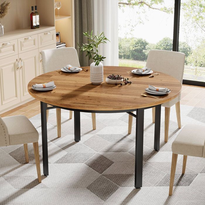 Round Dining Table, Little Tree, 118.5×118.5×76 cm, Kitchen Table with Solid Metal Legs for 4 to 6 People, Brown
