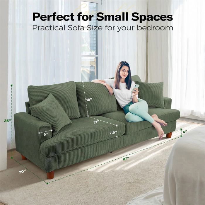 Sofá grande de 3 plazas de pana verde, estilo escandinavo, para salón, con 3 cojines y 2 almohadas, 220 × 76 × 84 cm.