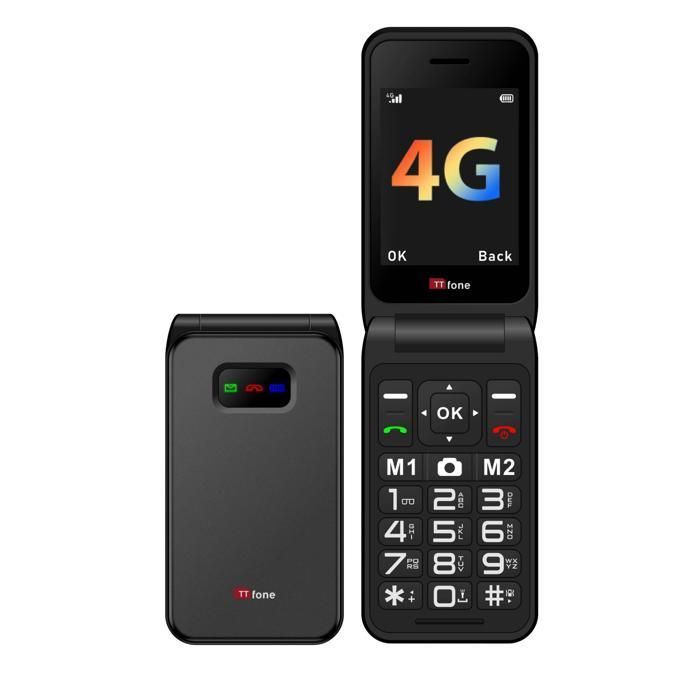 TTfone TT760 4G Mobile à gros boutons pour personnes âgées avec bouton d'assistance d'urgence (Noir, avec câble USB)