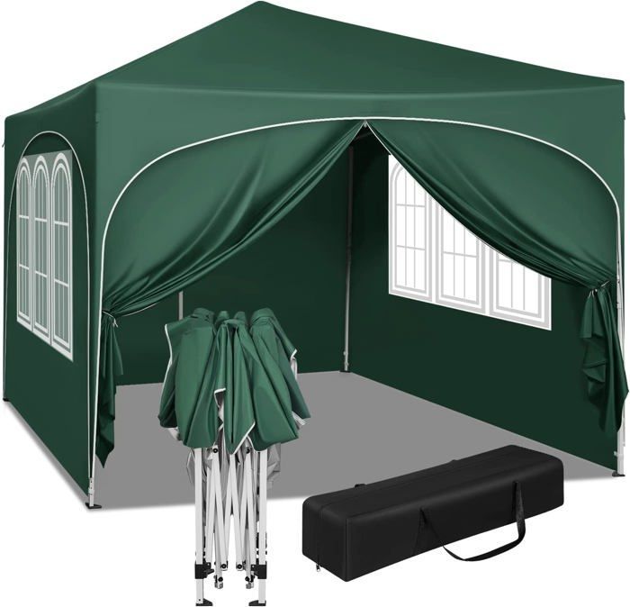 Cenador de jardín WOLTU, pérgola plegable de 3x3 m con 4 paneles laterales, altura ajustable, impermeable, protección UV, verde.
