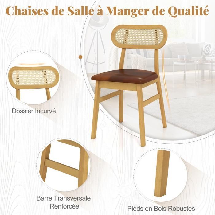 COSTWAY Lot 2 Chaises de Salle à Manger 49x48x79cm - Siège Rembourré et Housse en Similicuir Dossier en Rotin Cannage Elégant Brun