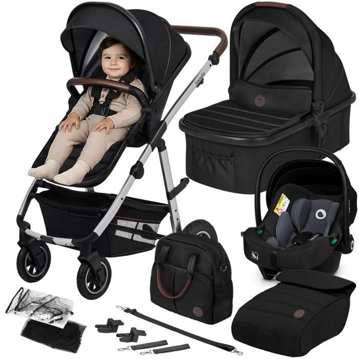 LIONELO Amber 3-in-1 Combination Stroller - Stroller Pack, Carrycot, Car Seat, Bag and Accessories - Black/Silver
