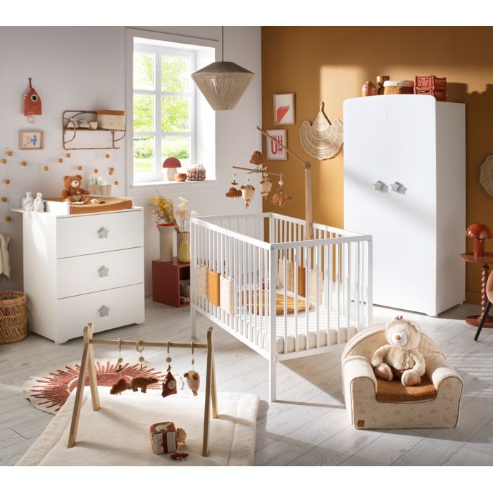 Complete Basic baby bedroom set, 120x60cm cot with bars, 3-drawer changing table and 2-door wardrobe - star knobs - BASIC