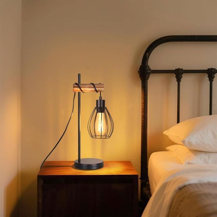 Nettlife Lampe de Table Industrielle Bois & Métal Noir, Cage, pour Salon/Chambre/Bureau/Cuisine