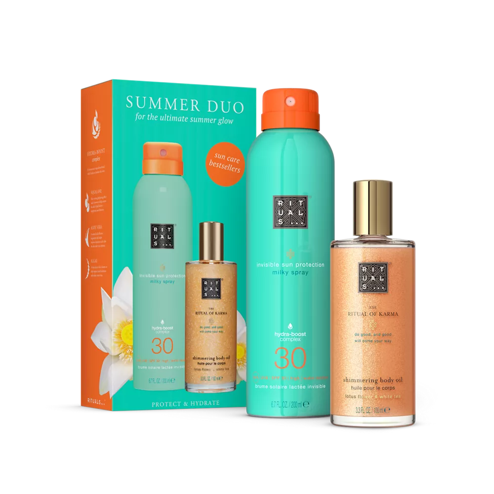 Coffret de soins solaires The Ritual of Karma : huile scintillante pour le corps 100 ml, spray protecteur solaire laiteux SPF 30 200 ml