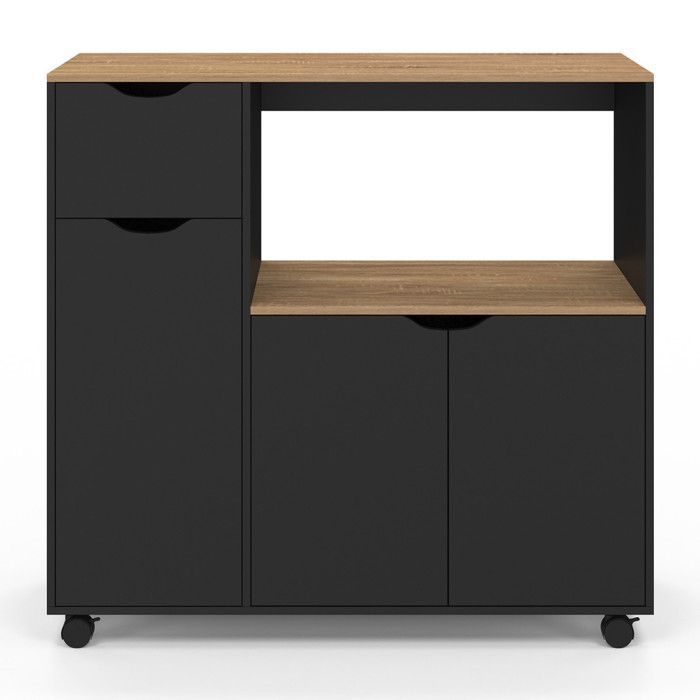 IDMARKET COSI XXL keukenwagen met magnetron, kastjes, zwarte houten lade en planken met beukenlook, 90 cm breed