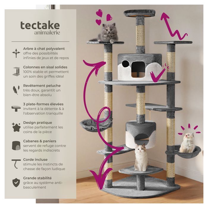 Arbre à chat - TECTAKE - Mobilier pour chat FIPPI 201 cm de hauteur avec griffoir, hamacs et cordellete - Blanc/Gris
