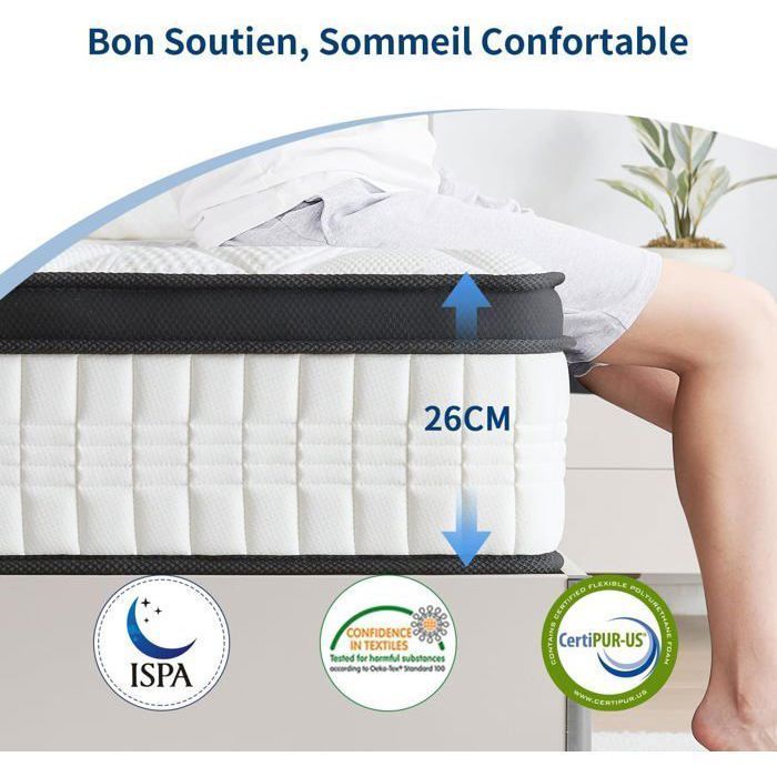 slily Mattress 160x200 Thickness 26cm, Hybrid Mattress Memory Foam Pocket Springs 7 Zones, Hypoallergenic, Firm