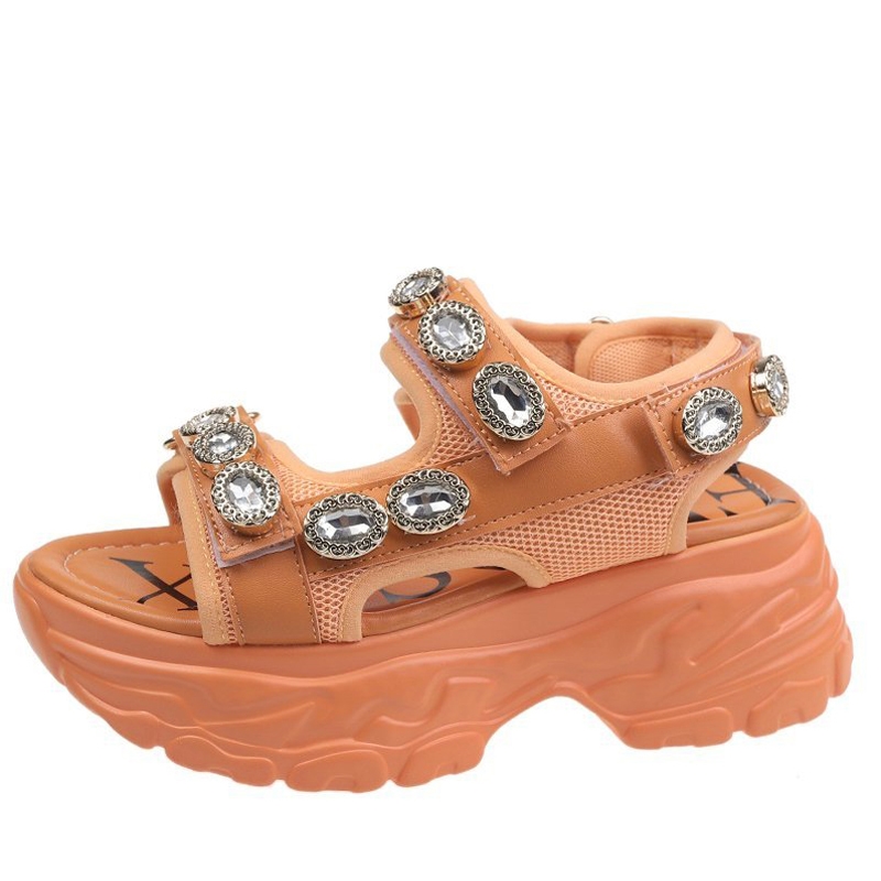 Sandales compensées pour femmes, ornées de diamants orange, style étudiante, avec cristaux et semelle épaisse rehaussante.