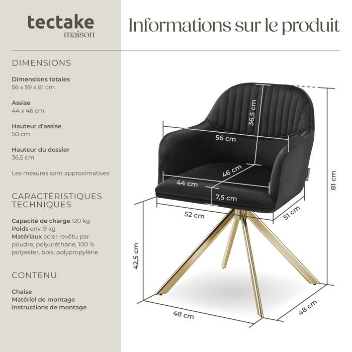 Chaise - TECTAKE - Fauteuil LONA pivotant à 360° avec rembourrage épais et dossier arrondi 56 x 59 x 81 cm - Noir/Or