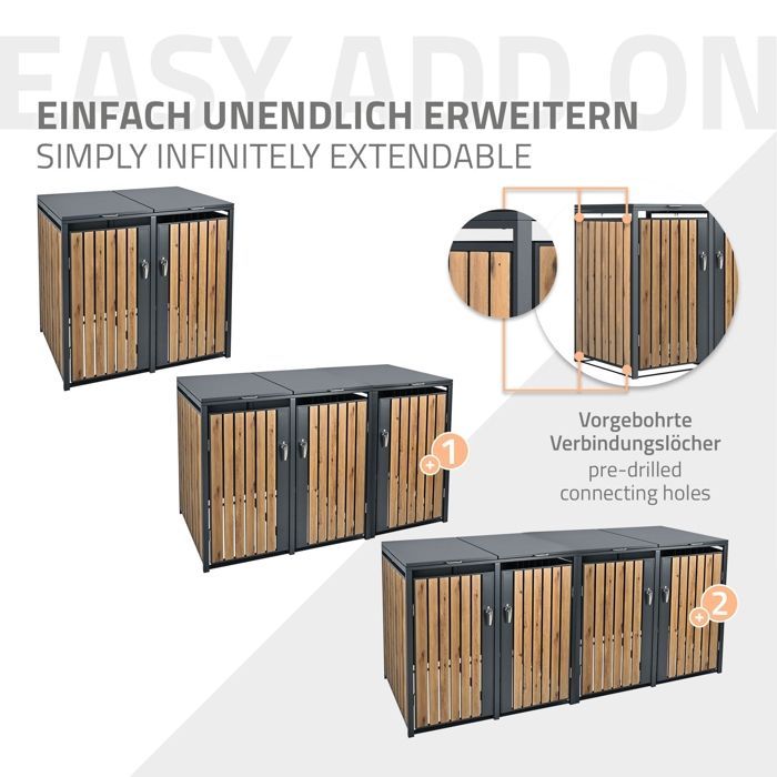 ML-Design Box 2 contenedores de acero, 2 toneladas, 240 L, 132 x 80 x 116,3 cm, aspecto antracita/roble, resistente a la intemperie, revestimiento.