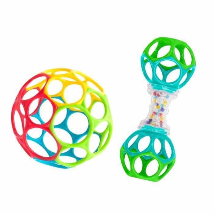 Conjunto de presente para bebê BRIGHT STARS O'Ball com 2 brinquedos: um chocalho e uma bola O'Ball clássica nas cores vermelha, amarela, azul e verde.