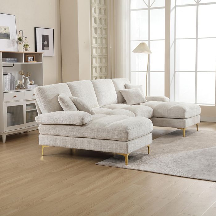 U-shaped chenille sofa with reclining seats, beige