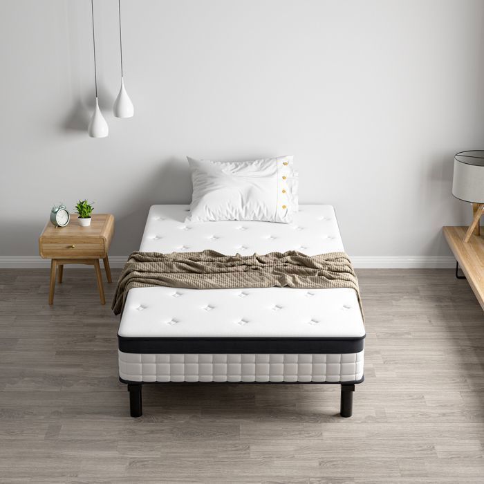 Conjunto de colchón y base de cama de 90 x 190 cm, STANEW de 18 cm de grosor, colchón de muelles ensacados y robusto armazón de cama de hierro con 6 patas.