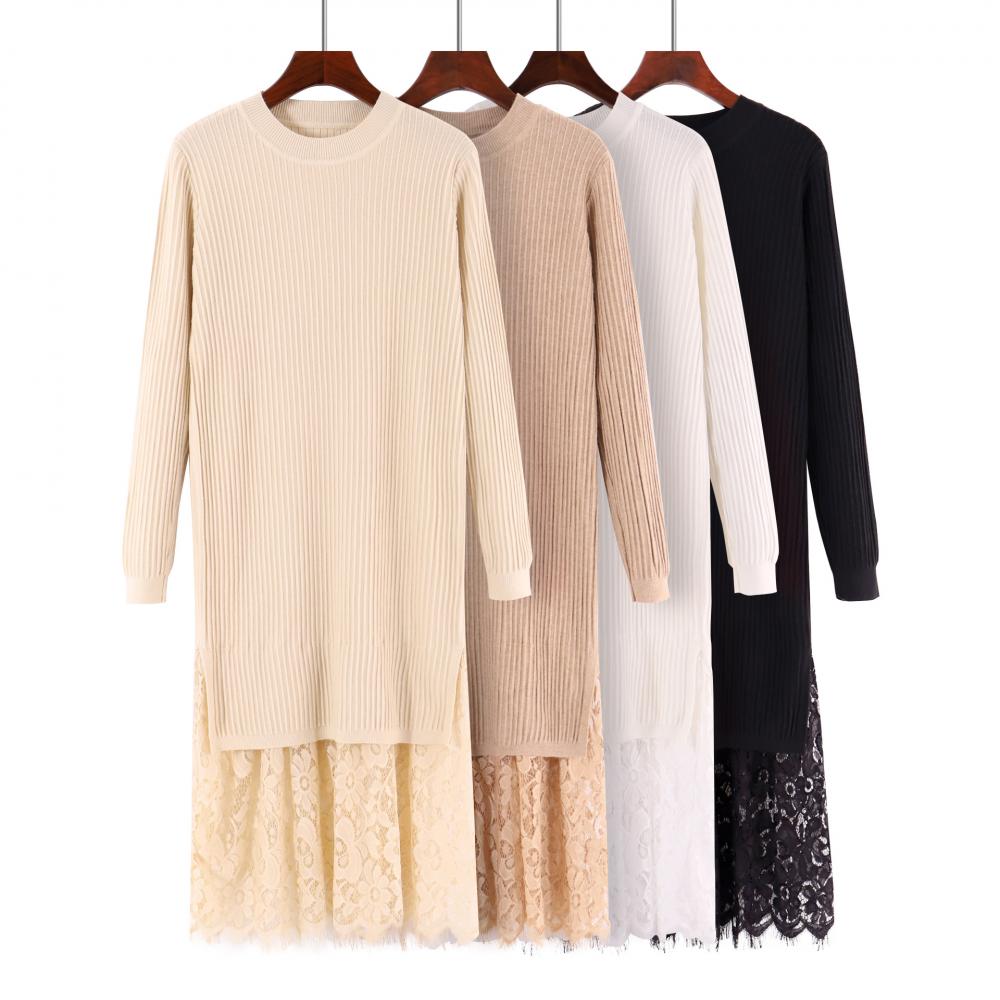 Robe pull en dentelle pour femme, automne-hiver, robe longue droite en maille, robe maxi rétro à côtes, robe pull