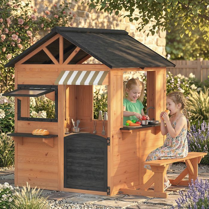 Casita de juegos de madera para exteriores para niños, cocina de juguete para interior/exterior con ventanas, puerta y banco, color marrón.