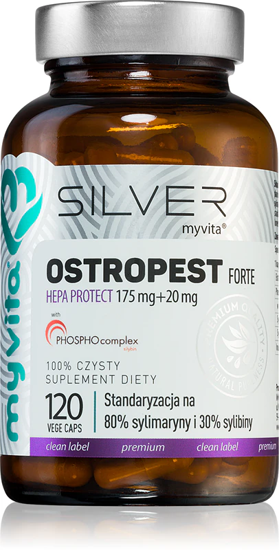 Cápsulas do suplemento alimentar MyVita Silver Milk Thistle Forte para auxiliar na saúde do fígado.