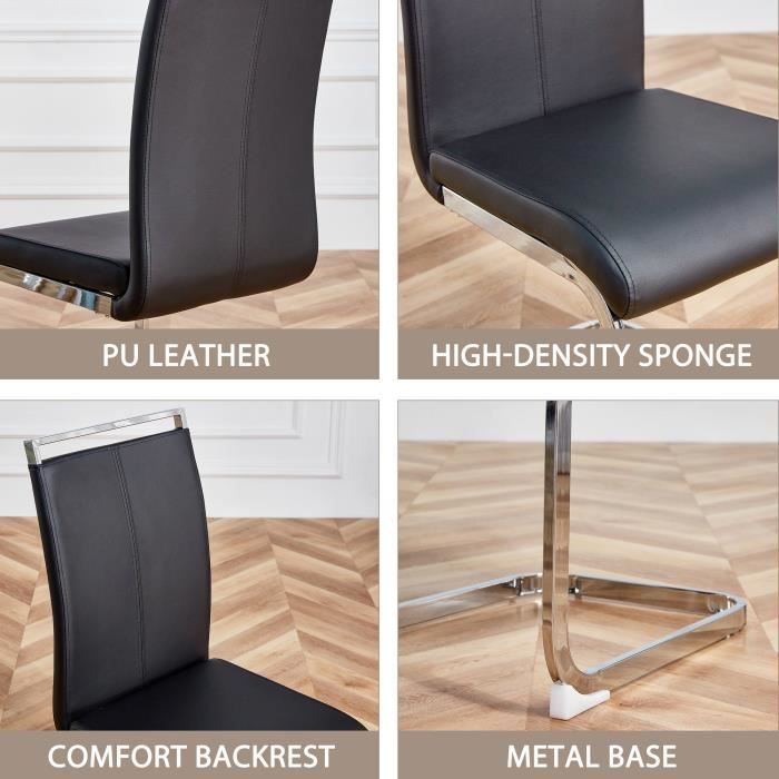Conjunto de 4 cadeiras de jantar com encosto alto, cadeiras de cozinha modernas estofadas em couro sintético, com pés de metal prateado e preto.