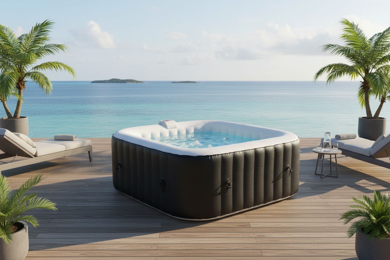 KIT TOUT INCLUS SUNSPA: spa gonflable carré 6 places et accessoires : 4 appuis têtes, filtre, épuisette, brosse, tapis, couverture
