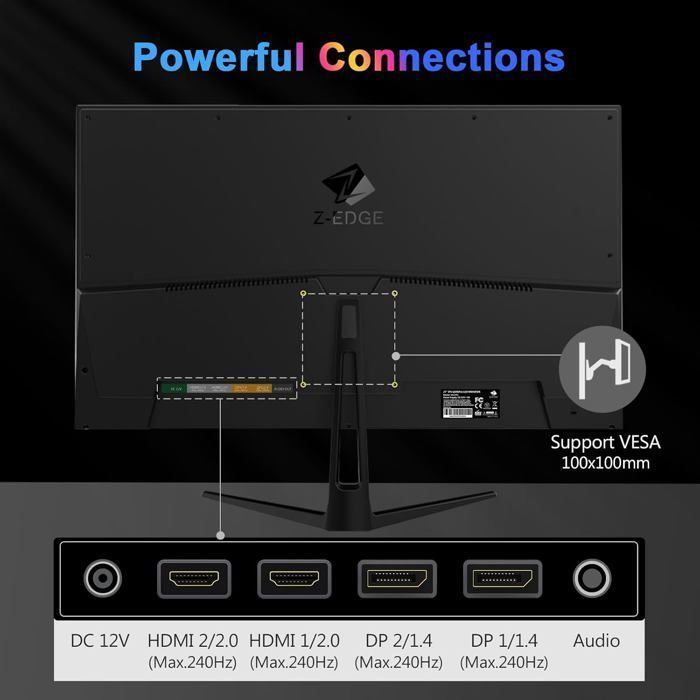 Ecran PC Gaming Z-EDGE UG27PJ 27 pouces 240 Hz, IPS LED FHD 1080P 2x HDMI 2.0 et 2x DP 1.4, 400 cd/m² FreeSync Moniteur- Noir