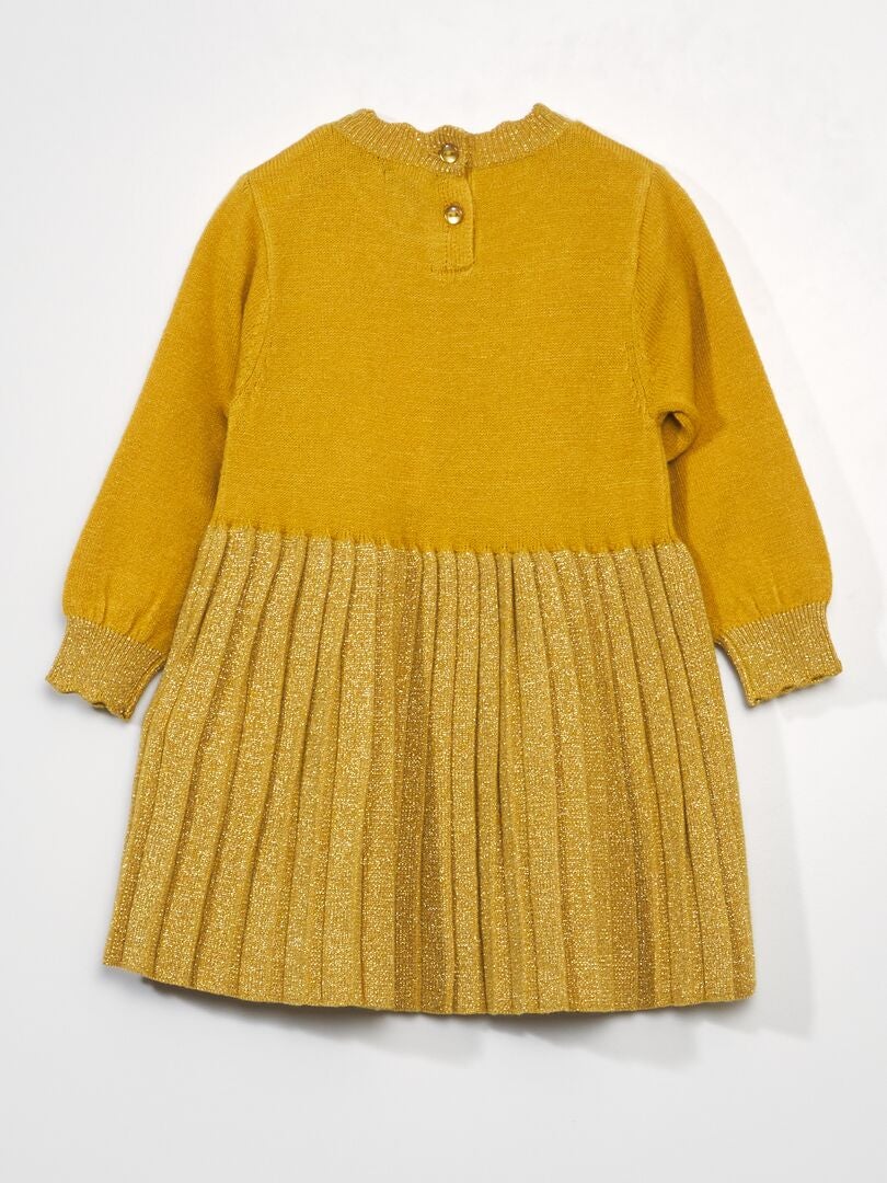 Vestido bicolor com tecido de tricô e saia plissada - AMARELO