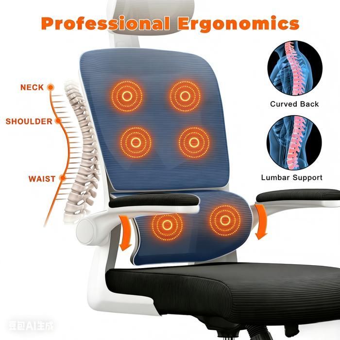 BIGZZIA Office Chair with Armrests - On Casters - with Headrest and Lumbar Support - Height Adjustable, White