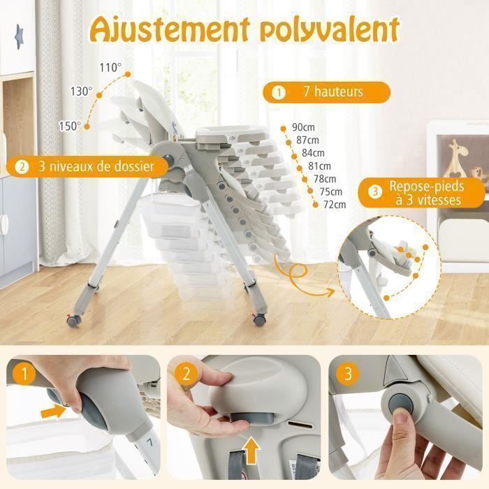 Silla alta plegable para bebé COSTWAY con respaldo reclinable, altura ajustable, bandeja extraíble sin BPA, apta para bebés de 6 meses en adelante, 4 ruedas giratorias, color blanco.
