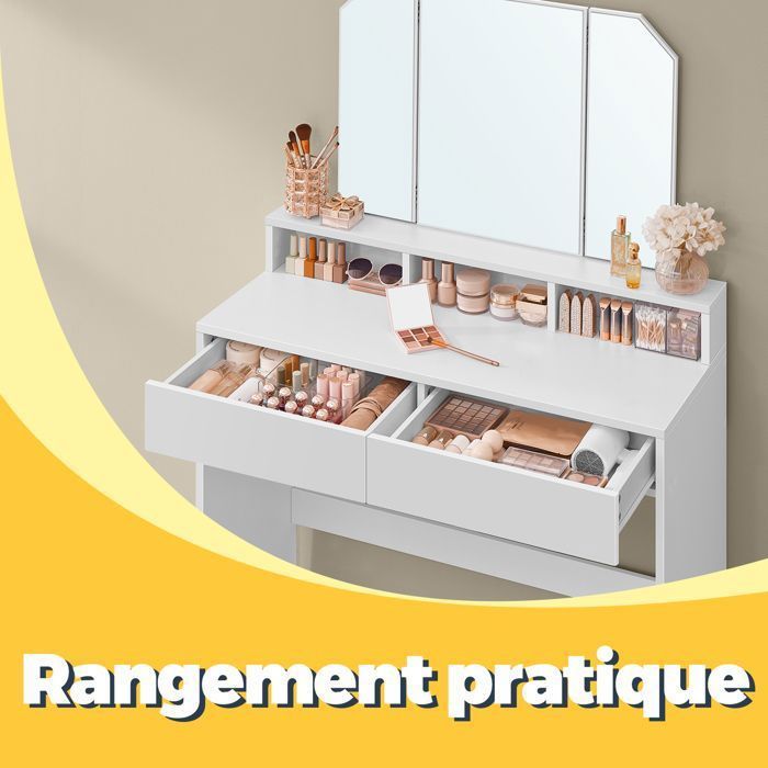 Penteadeira com espelho tríptico dobrável, 2 gavetas e 3 compartimentos, estilo moderno e cor branca.