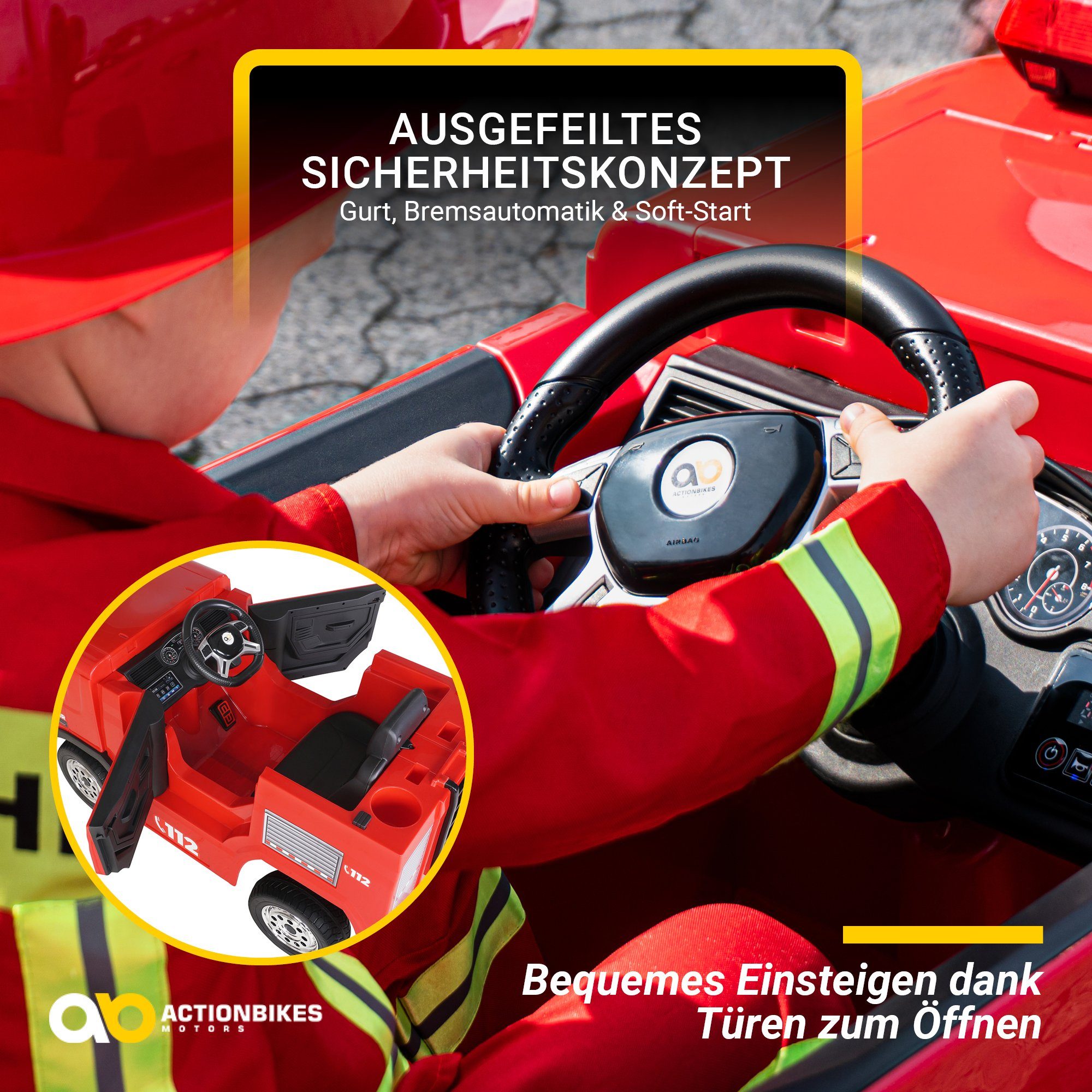 Dětské elektrické hasičské auto Actionbikes Motors SX1818 - Dálkové ovládání - Vodní postřikovač, nosnost 40 kg, (sada 4 dílů), Dětská hračka pro děti od 3 let, elektrická - siréna a Bluetooth