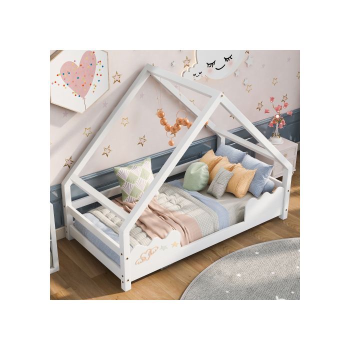 Cama infantil de 90x200 cm con protección anticaídas, parque infantil de madera maciza blanca.