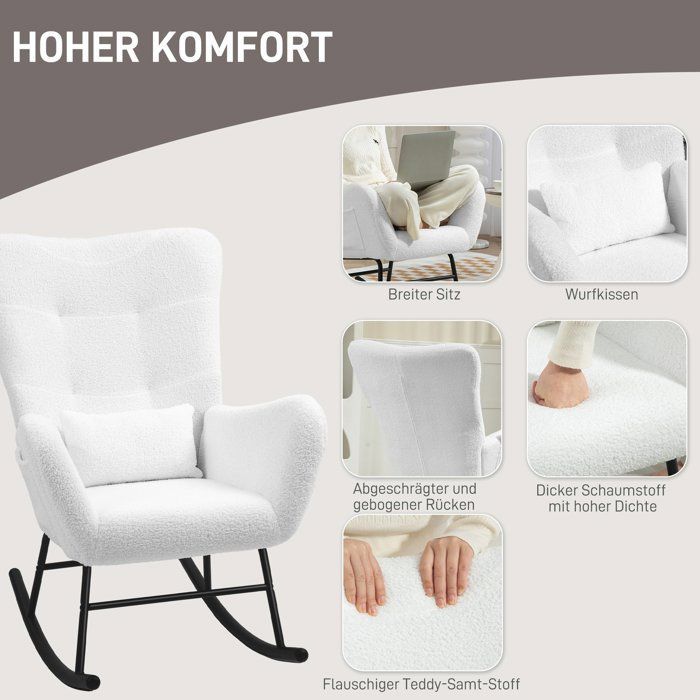 Schommelstoel, voedingsstoel met luxe stoffen bekleding, lendensteun, relaxstoel met zijvak