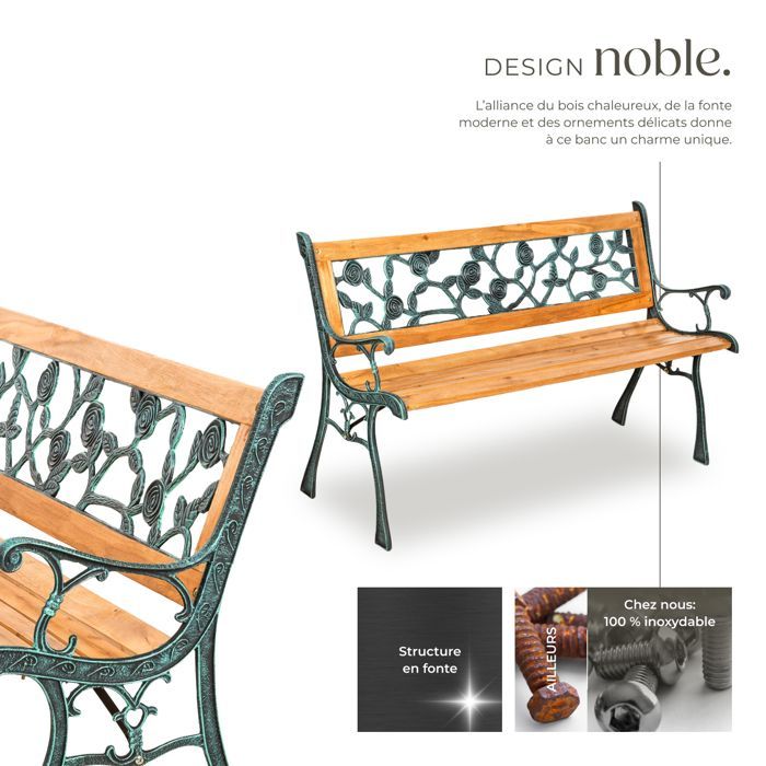 Banco de exterior - TECTAKE - MARINA Banco de jardín de 2 plazas en madera natural lacada y hierro fundido, 124 x 52 x 74 cm - Marrón