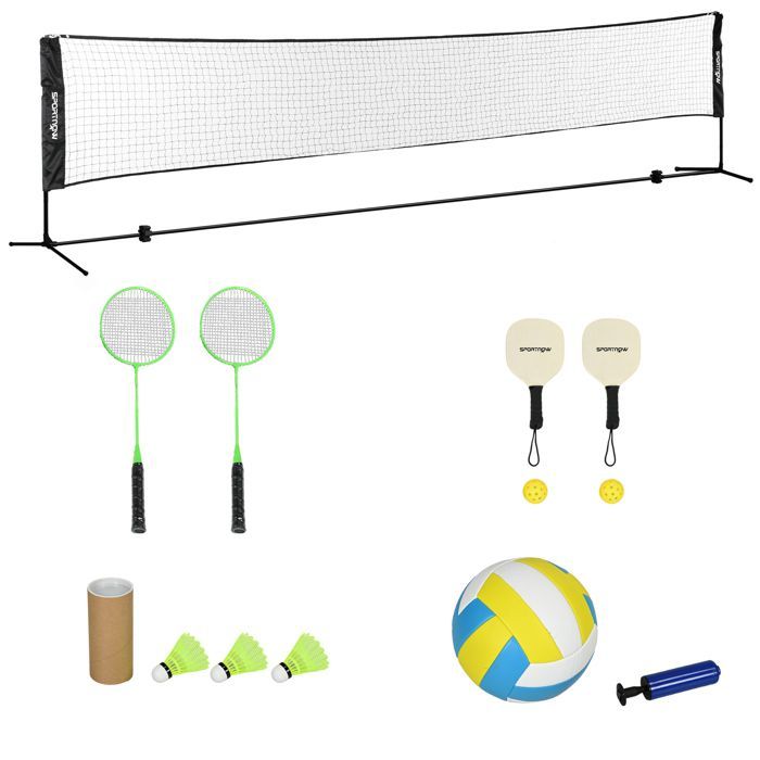 Complete badminton, pickleball and volleyball set - SPORTNOW - 3 in 1 - with adjustable height net 107-155 cm - black and green