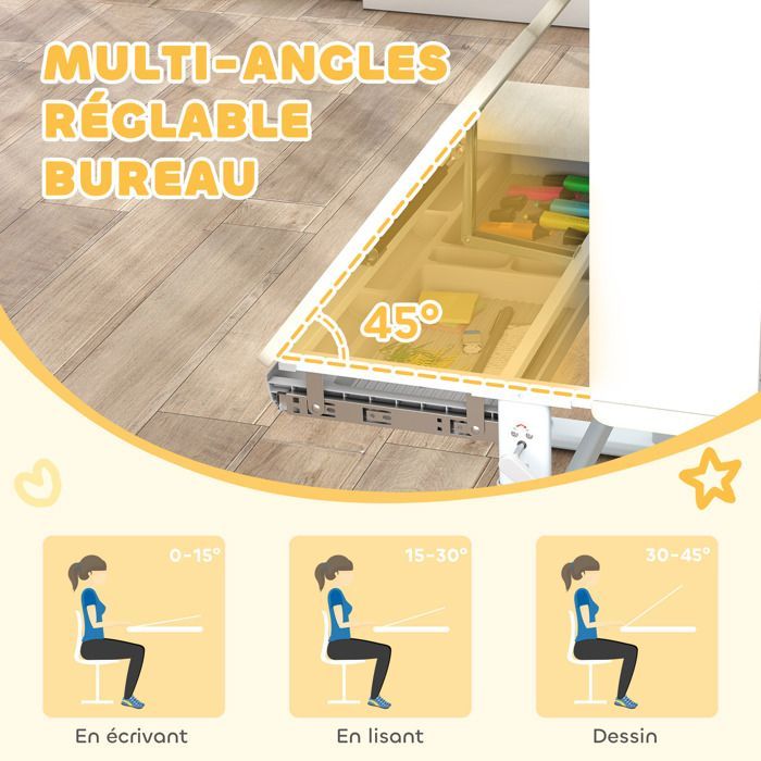 Kinderbureau - AIYAPLAY - In hoogte verstelbaar, kantelbaar blad, lade, plank - PP - 80x51x108,5-130,5 cm - Naturel