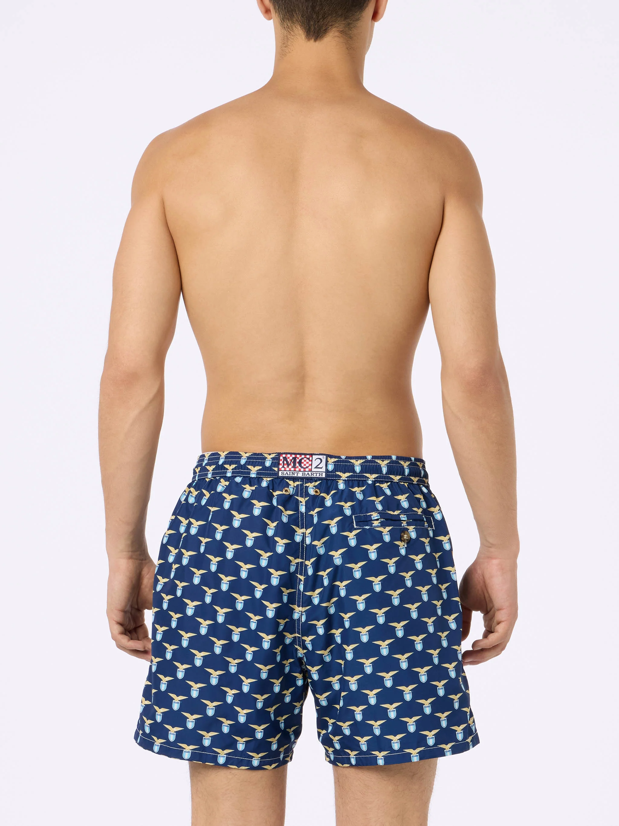 Man Lighting Mid-Length Swim Shorts | Lazio Special Edition Print & Patch | Quick Drying, 100% Recycled Polyester | Comfortable Fit | MC2 Saint Barth
