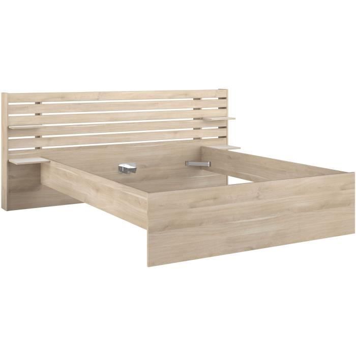 Lit adulte ESCALE 160x200 cm - Décor chêne du Japon - 2 tiroirs + Tête de lit - L222,8 x H98,2 x P216,8 cm - Fabriqué en France