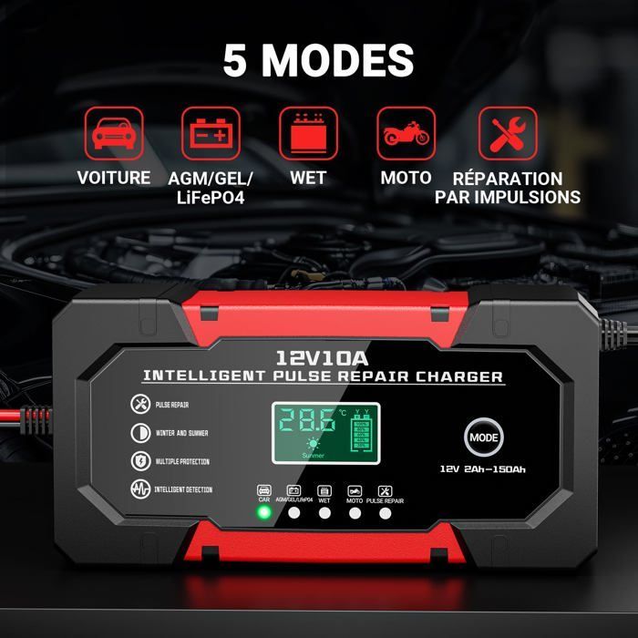 Caricabatterie - AIMOONSA - 10A 12V - Compatibile con LiFePO4/GEL/AGM - Schermo LCD e modalità di riparazione