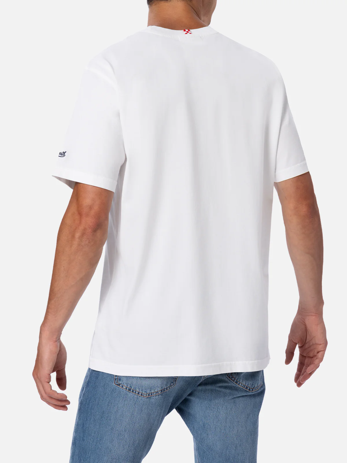 Heren katoenen T-shirt met 'It's Gin O'Clock'-print, wit, stukgeverfd, ronde hals, korte mouwen, logo-borduurwerk – 100% katoen | MC2 Saint Barth