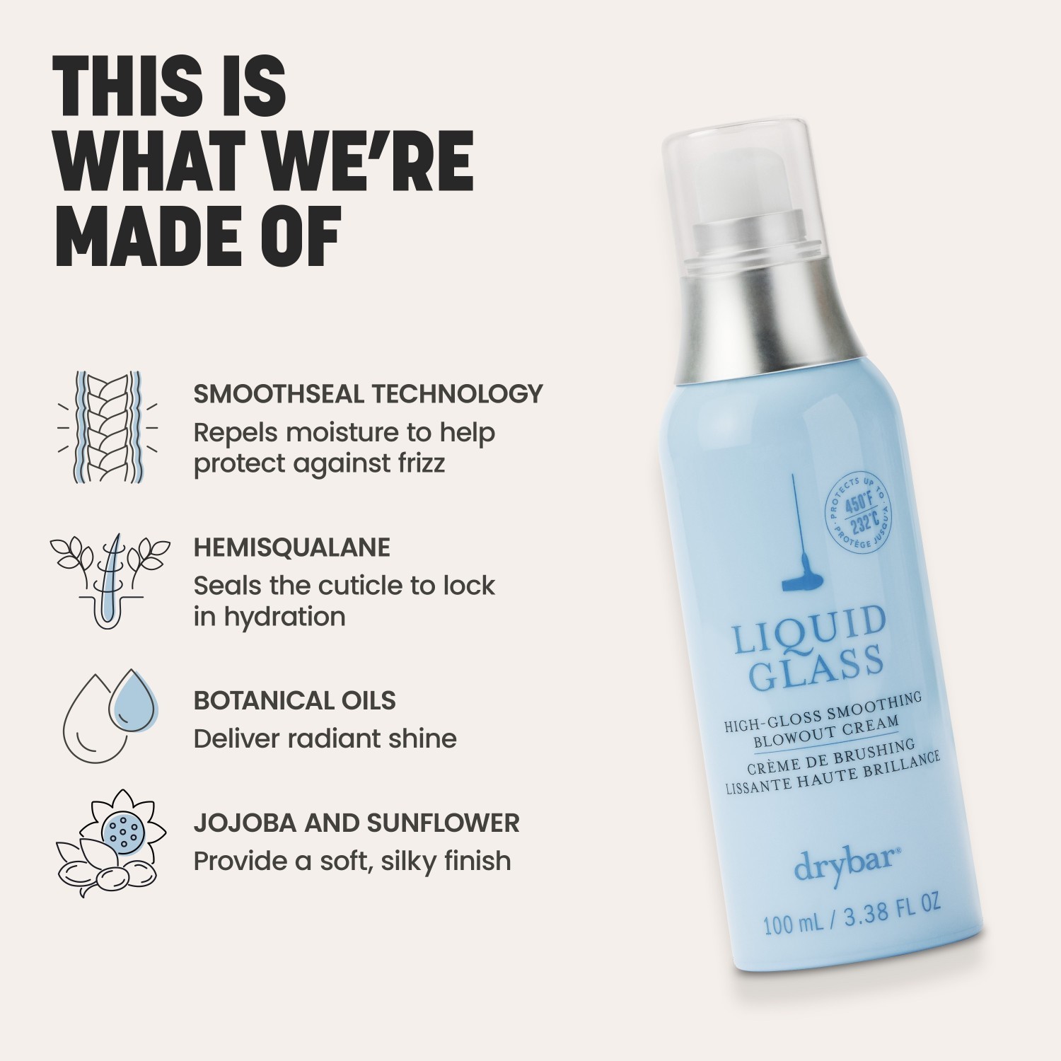 „drybar“ karščio apsaugos purškiklis „Liquid Glass“ blizgus lyginantis plaukų džiovinimo kremas – 100 ml