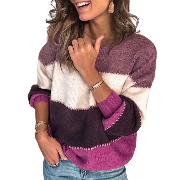 Jersey de mujer bicolor de cuello redondo y manga larga, estilo casual chic, otoño 2025, morado.