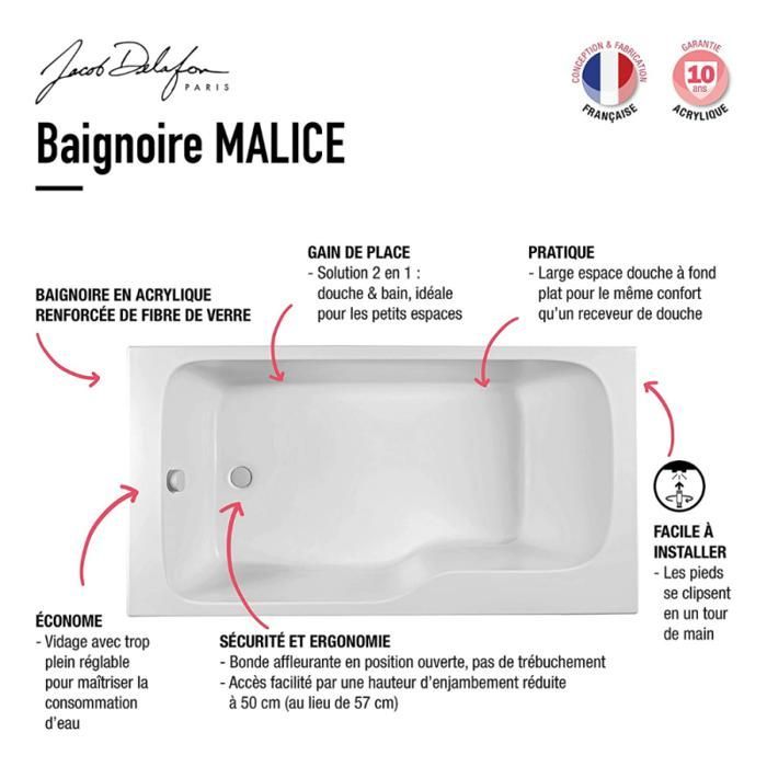 JACOB DELAFON Bañera/ducha Malice + mampara + estante 170 x 90 cm derecha