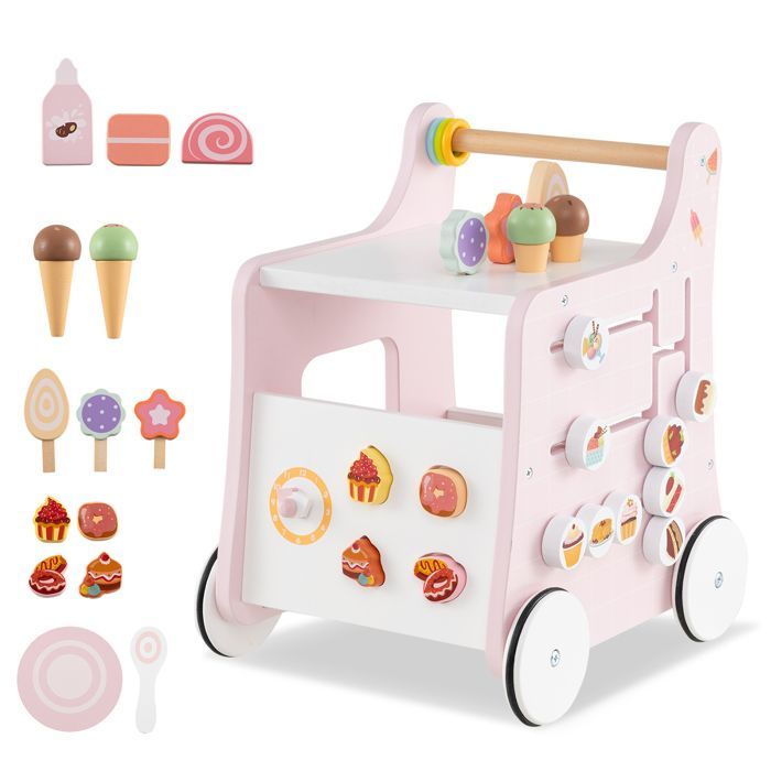 LIFEZEAL Trotteur Bebe Evolutif en Bois 1+ Ans, Chariot de Marche Bébé avec Roues et Accessoires Adorables, Compartiment, Rose