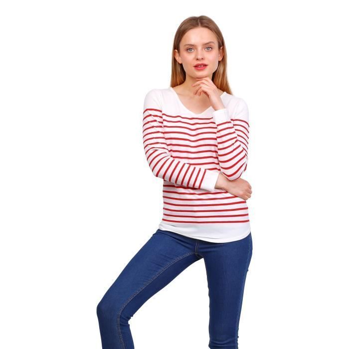 Women's sweater - SULLIVAN - White stripes - V-neck - Long sleeves - Fitted